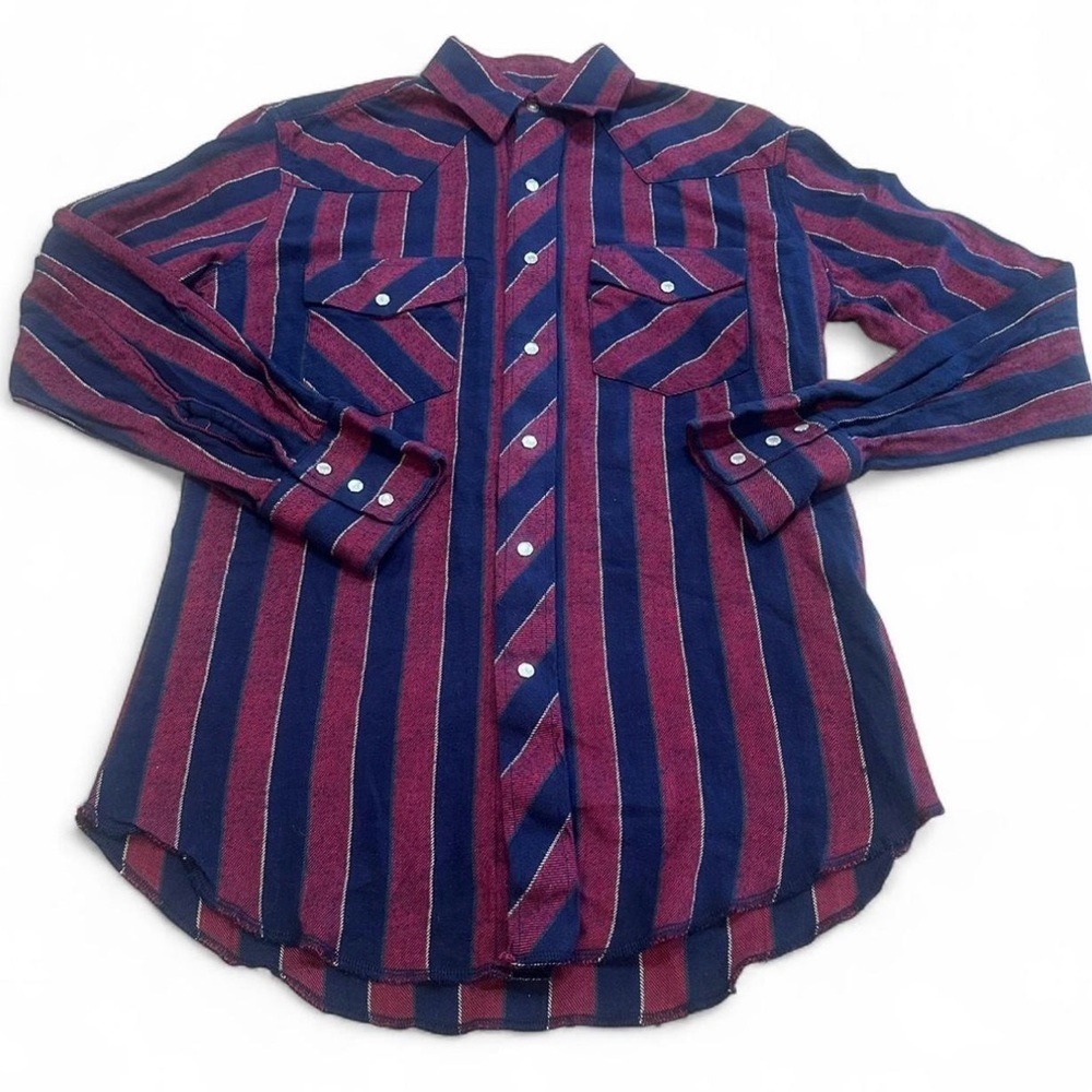 Vintage Wrangler Pearl Snap Flannel Shirt Mens L Tall Red Blue Plaid Western EUC